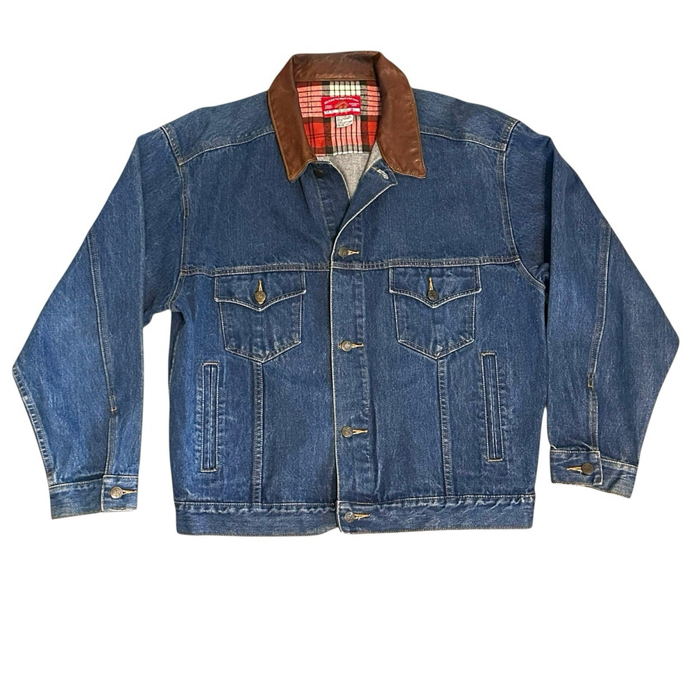 Marlboro Country Store VTG Denim Barn Jacket Mens XL. Western Leather Trim EUC